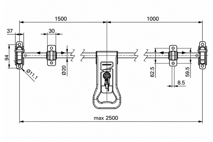 Zámok dverí kontajnerového prívesu STEELPRESS ZD-03 s uzamykateľnou závorou 2500 mm