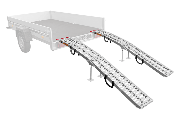 Skladacie hliníkové rampy UNITRAILER ALR003 pre prívesy 221 cm 680 kg s popruhom a podperou, sada 2 kusov